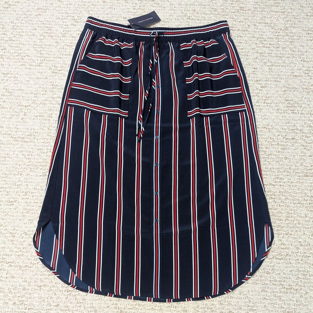 Tommy Hilfiger Womens Sz L A-Line Striped Pocketed Skirt Preppy Nautical Sporty